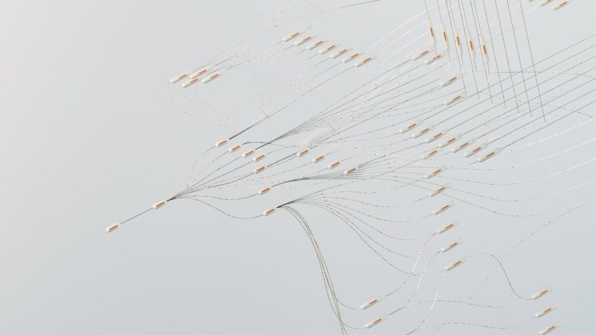 Ilustração abstrata de redes neurais digitais interconectadas, representando fluxo de dados e inteligência artificial